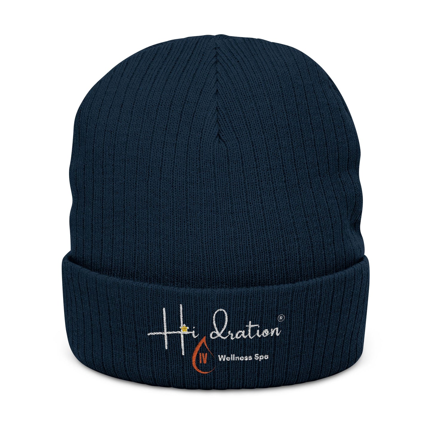 Hidration IV (Embroidery) Cozy Ribbed Knit Beanie - White Text