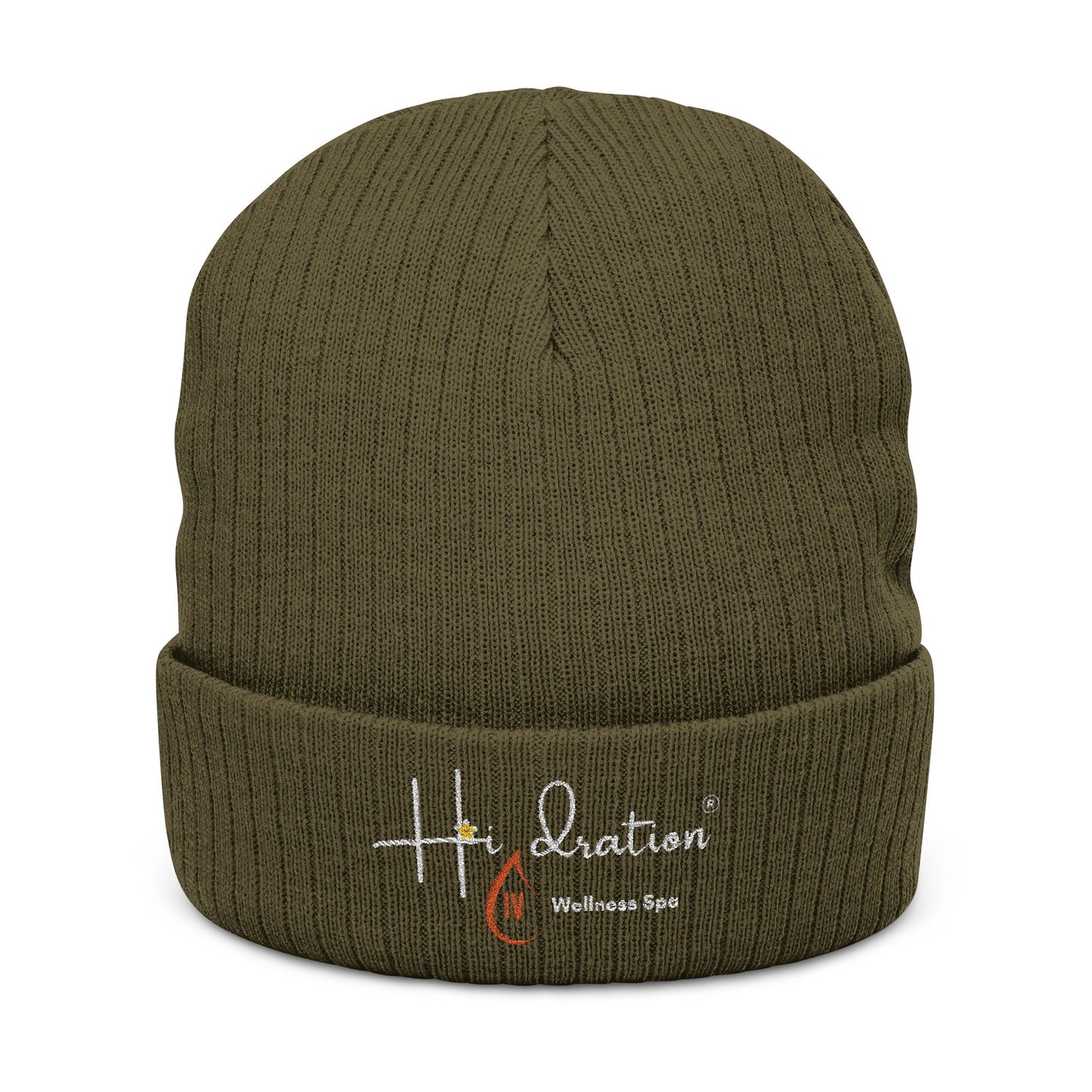 Hidration IV (Embroidery) Cozy Ribbed Knit Beanie - White Text