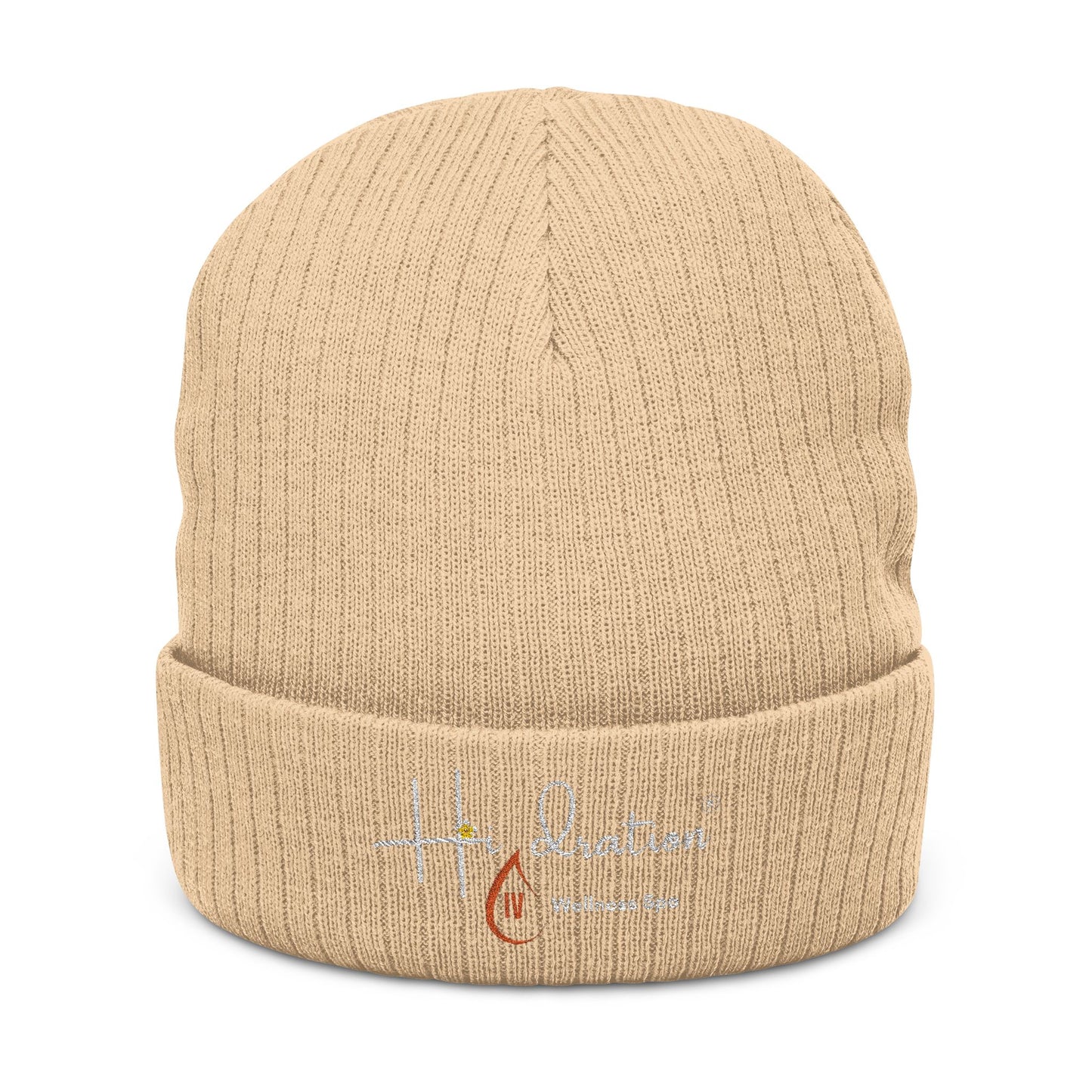 Hidration IV (Embroidery) Cozy Ribbed Knit Beanie - White Text