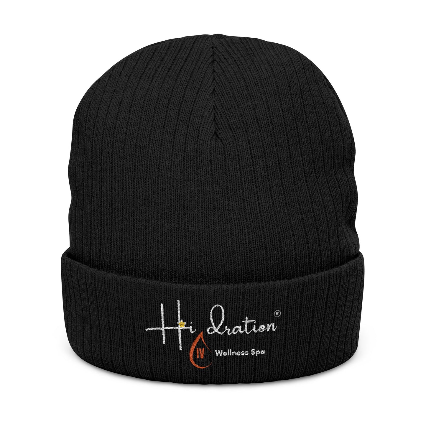 Hidration IV (Embroidery) Cozy Ribbed Knit Beanie - White Text