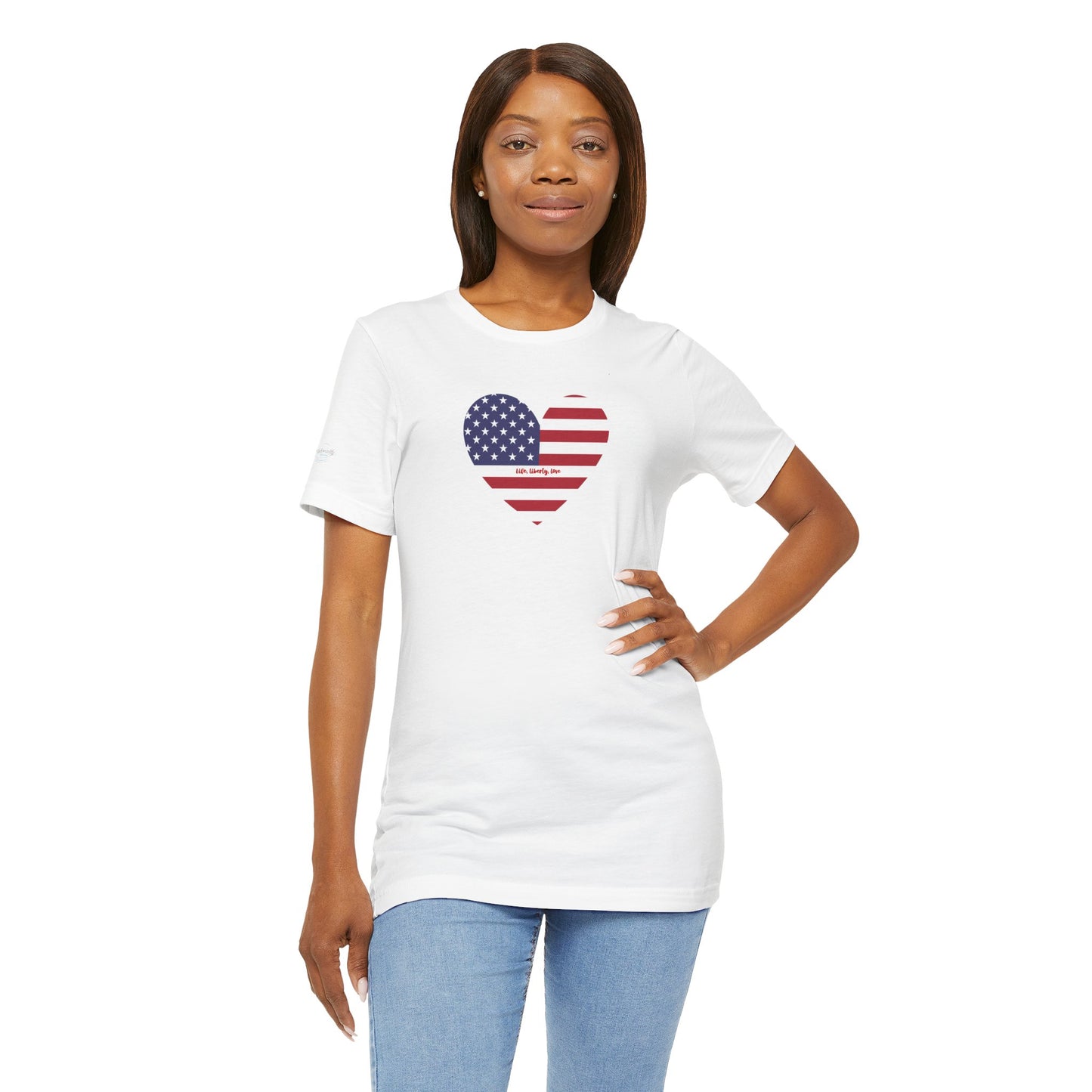 Women's American Flag with Heart Tee - Life, Liberty, Love Design