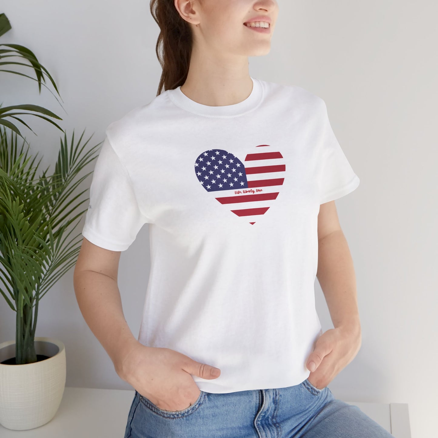 Women's American Flag with Heart Tee - Life, Liberty, Love Design