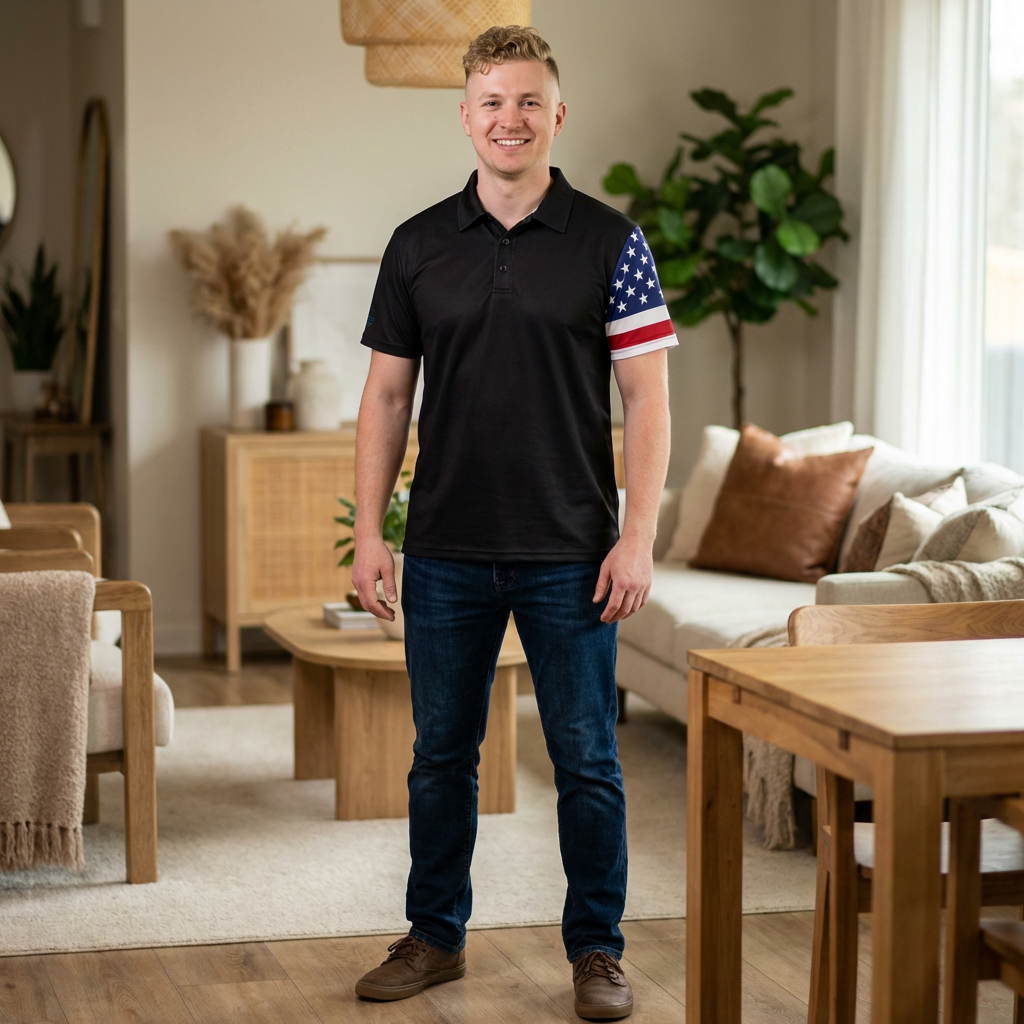 Polo Shirt with American Flag (Black), Men's Collared Casual Shirt, Patriotic