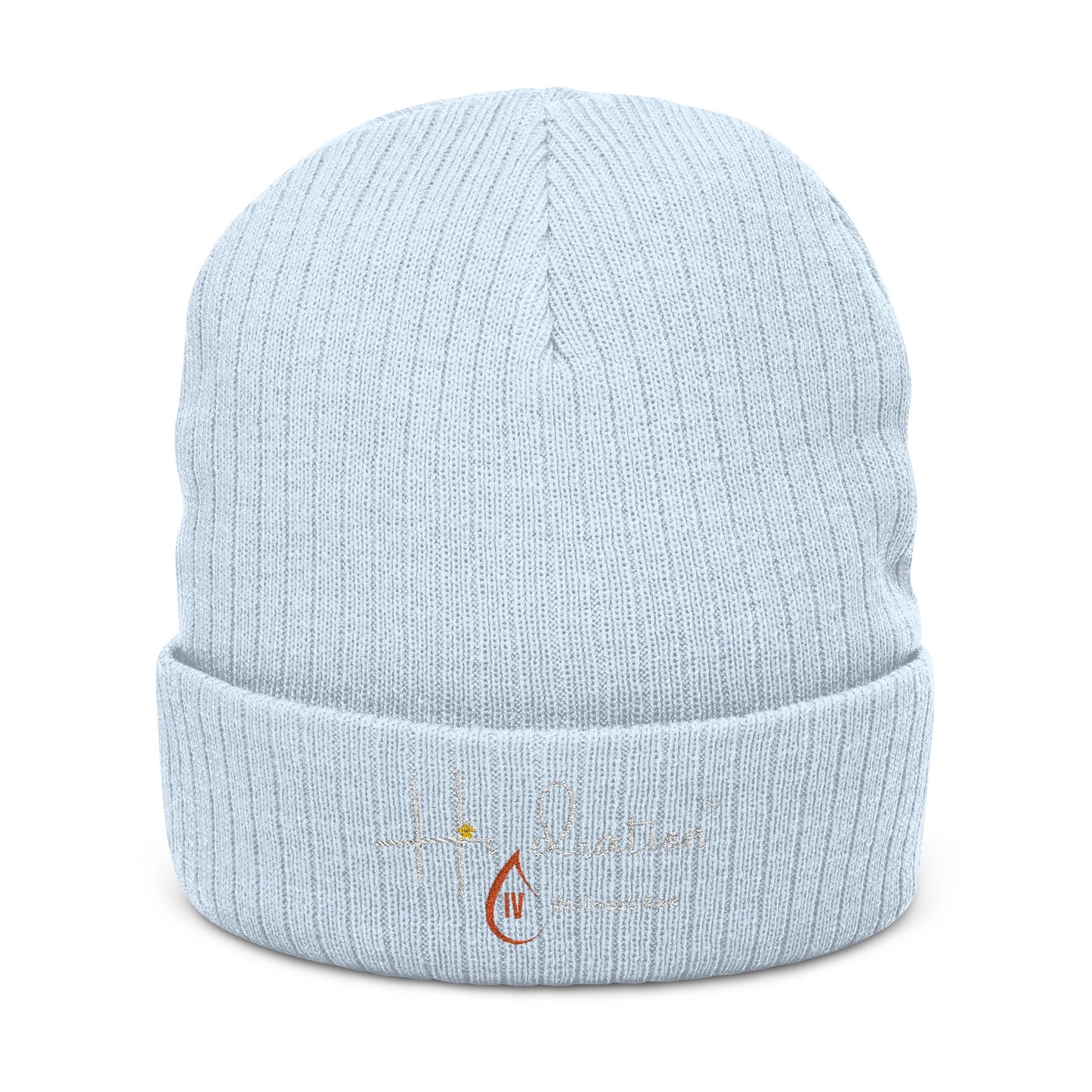 Hidration IV (Embroidery) Cozy Ribbed Knit Beanie - White Text