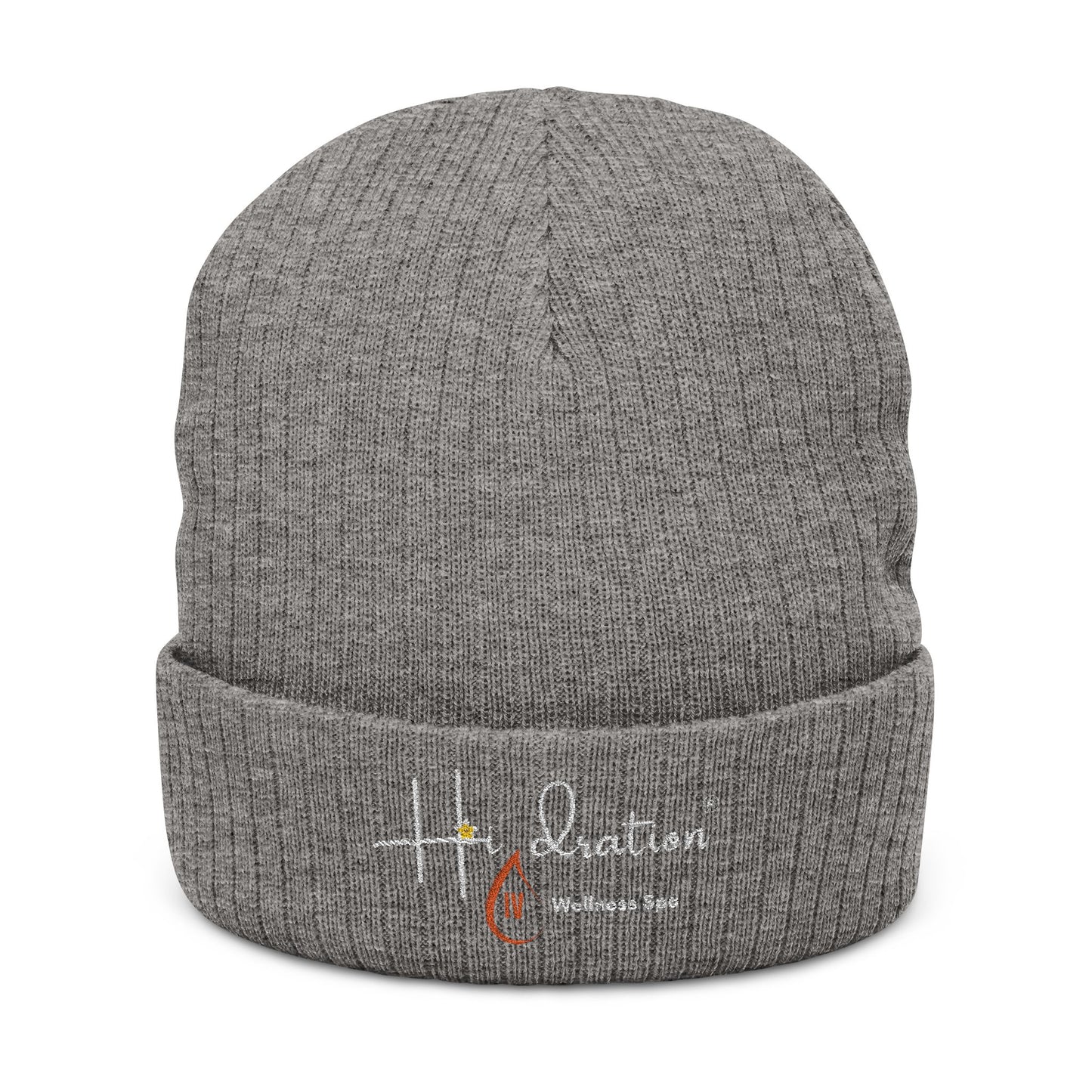 Hidration IV (Embroidery) Cozy Ribbed Knit Beanie - White Text