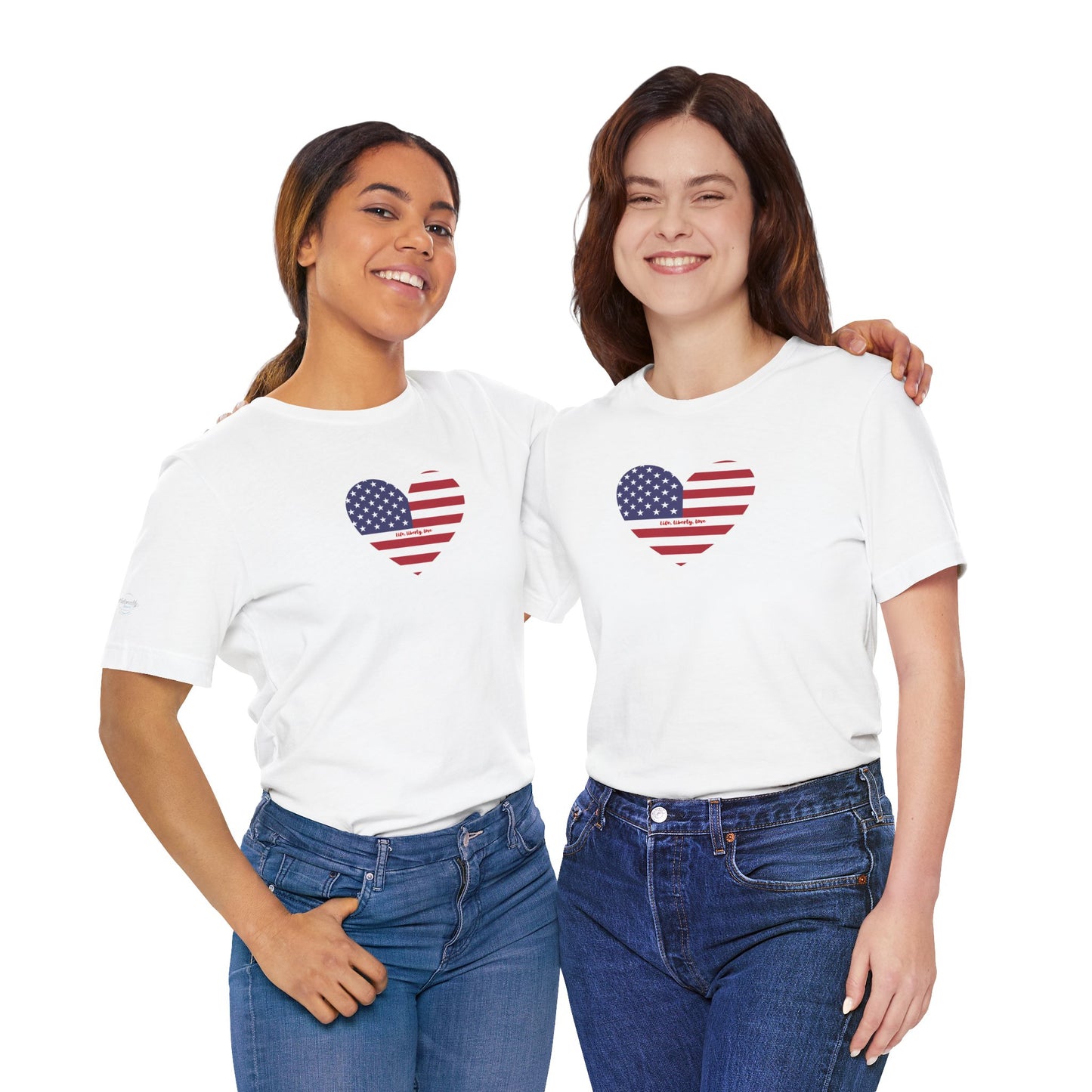 Women's American Flag with Heart Tee - Life, Liberty, Love Design