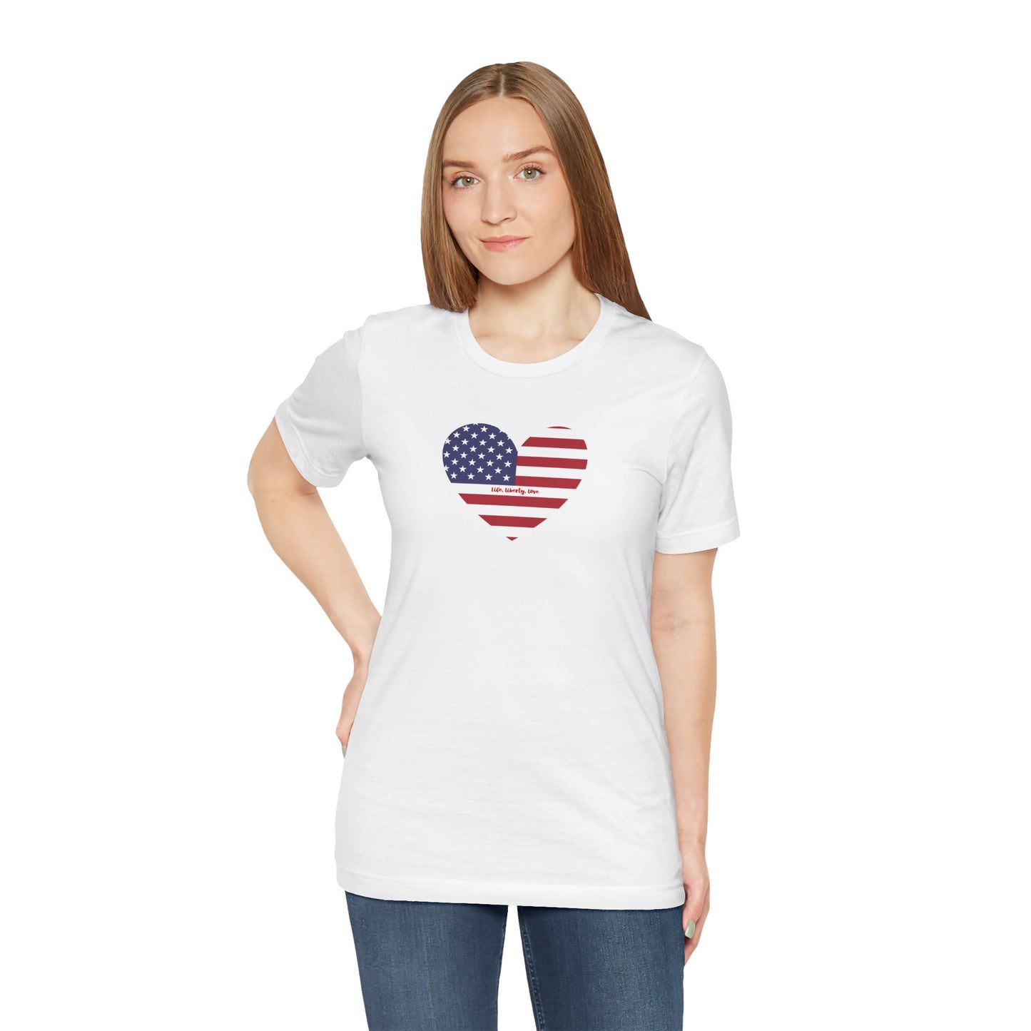 Women's American Flag with Heart Tee - Life, Liberty, Love Design