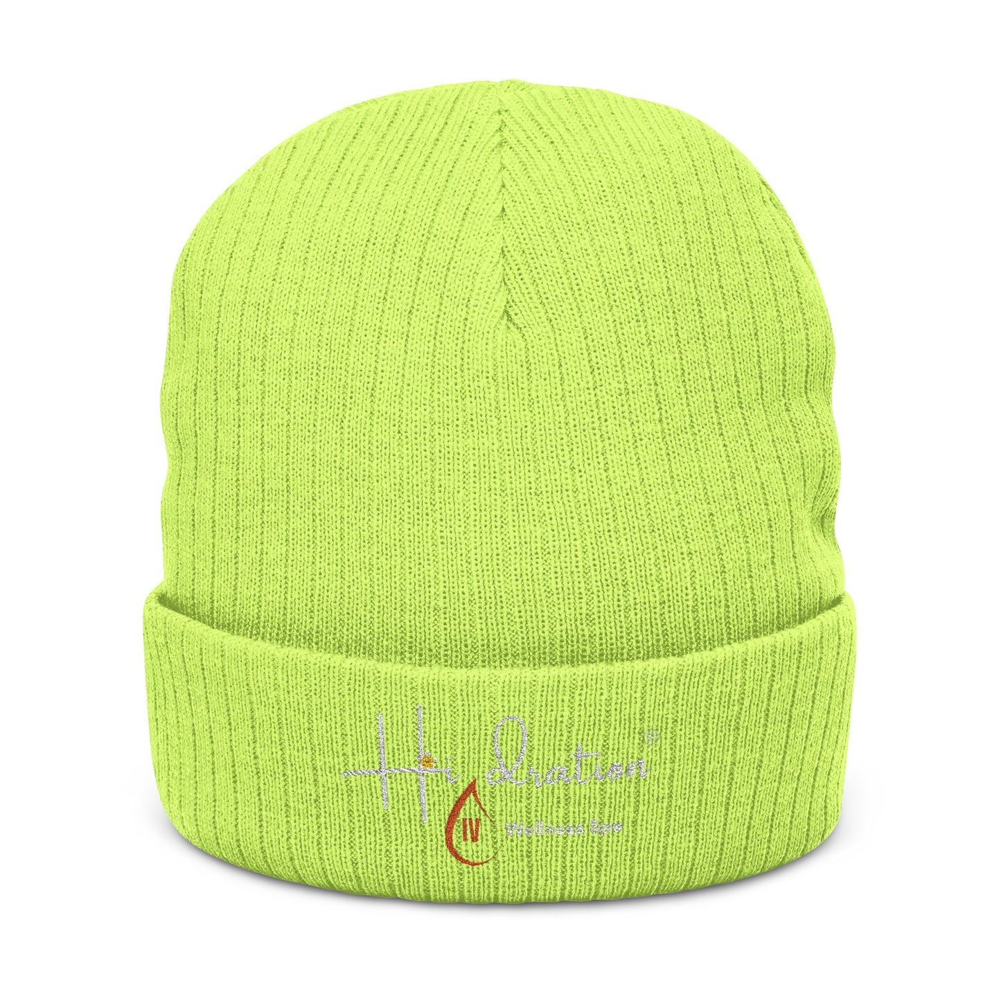 Hidration IV (Embroidery) Cozy Ribbed Knit Beanie - White Text